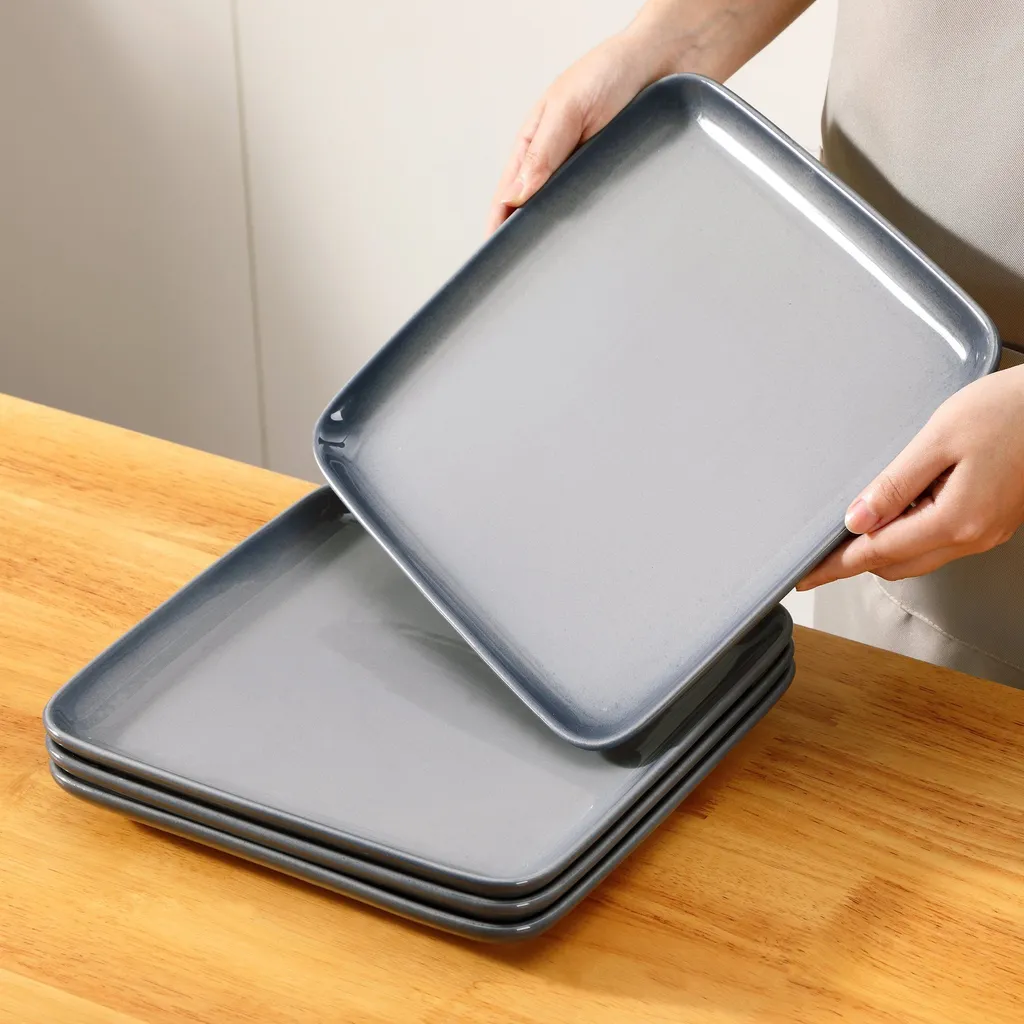 LOVECASA Tafelservice, 4-tlg Set Quadratische Speiseteller Aus Steingut, Flachteller, Frühstücksteller Für 4 Personen, Grau 4 LOVECASA Tafelservice, 4-tlg Set Quadratische Speiseteller Aus Steingut, Flachteller, Frühstücksteller Für 4 Personen, Grau – Bild 2