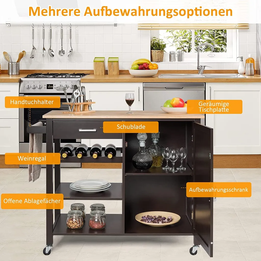 COSTWAY Küchenwagen Auf Rollen, Kücheninsel Mit Schublade, Weinregal, Offene Regale & Handtuchhalter, Platzsparender Servierwagen, Für Küche, Esszimmer, Bar, Braun 5 COSTWAY Küchenwagen Auf Rollen, Kücheninsel Mit Schublade, Weinregal, Offene Regale & Handtuchhalter, Platzsparender Servierwagen, Für Küche, Esszimmer, Bar, Braun – Bild 3