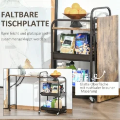 HOMCOM Küchenwagen Küchenrollwagen Servierwagen Mit 1 Klappbaren Tischplatte 2 Tabletts Und 1 Offenes Regal Rollen Verstellbare Fußpolster E1-Spanplatte Metall Rustikal-Braun 118 X 36,5 X 82 Cm -Küchenbedarf Laden 115ed4e61d278065a589d9cc2affc819