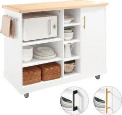 SoBuy FKW105-WN Design Küchenwagen Mit Arbeitsplatte Kücheninsel Küchenschrank Rollwagen Mikrowellenschrank Weiß-Natur BHT Ca.: 127x94x51cm