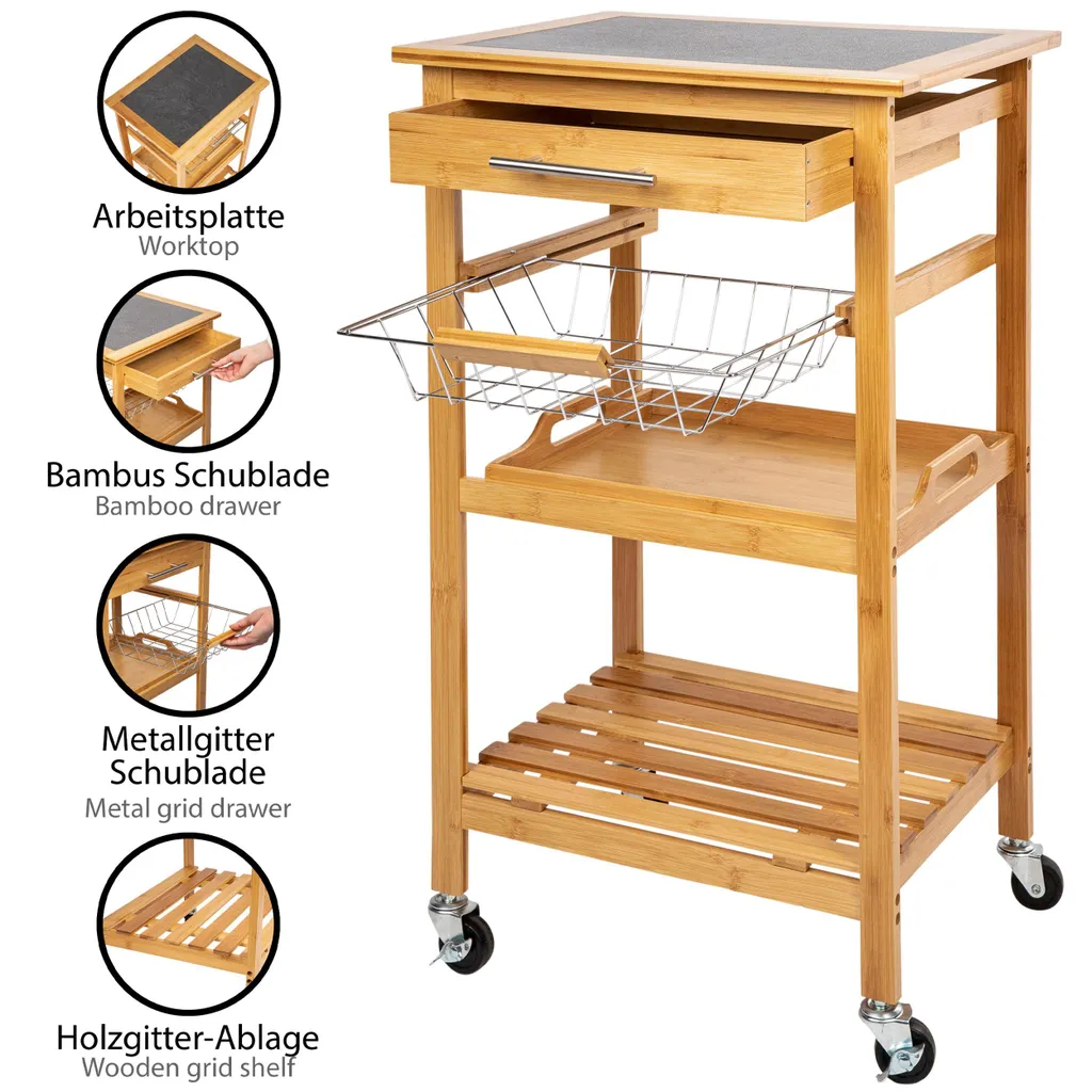 ONVAYA Küchenwagen Kyoto Auf Rollen, Küchenrollwagen Aus Bambus Mit Arbeitsplatte Schwarz Aus Stein, Praktischer Beistellwagen Für Die Küche Inkl. Schubladen 4 ONVAYA Küchenwagen Kyoto Auf Rollen, Küchenrollwagen Aus Bambus Mit Arbeitsplatte Schwarz Aus Stein, Praktischer Beistellwagen Für Die Küche Inkl. Schubladen – Bild 3