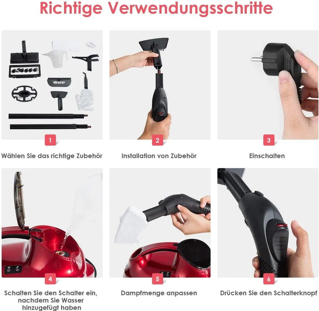 COSTWAY Dampfreiniger Mit 19 Zubehoerteilen, Bodendampfreiniger Fuer Teppiche, Fussboeden, Fenster Und Autos / 2000W / 4 Bar / 1,5L Tank/bis 108℃ / LED/Dampfzeit Bis 45 Min. 6 COSTWAY Dampfreiniger Mit 19 Zubehoerteilen, Bodendampfreiniger Fuer Teppiche, Fussboeden, Fenster Und Autos / 2000W / 4 Bar / 1,5L Tank/bis 108℃ / LED/Dampfzeit Bis 45 Min. – Bild 4