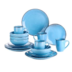 Vancasso Serie Navia Oceano, 16 Teilig Essservice Set Aus Steingut, Tafeiservice Für 4 Personen, Wasserblau, Vintage Aussehen, Natur Design