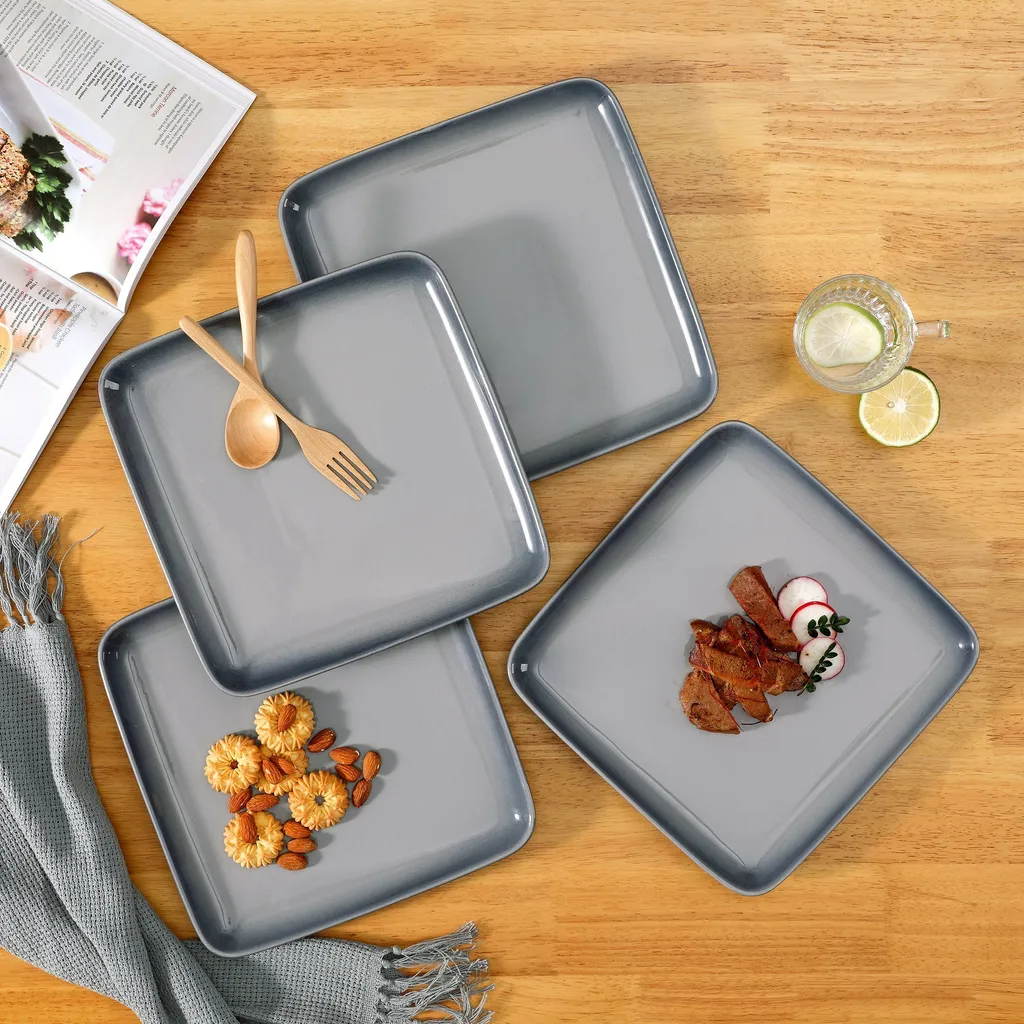 LOVECASA Tafelservice, 4-tlg Set Quadratische Speiseteller Aus Steingut, Flachteller, Frühstücksteller Für 4 Personen, Grau 9 LOVECASA Tafelservice, 4-tlg Set Quadratische Speiseteller Aus Steingut, Flachteller, Frühstücksteller Für 4 Personen, Grau – Bild 7