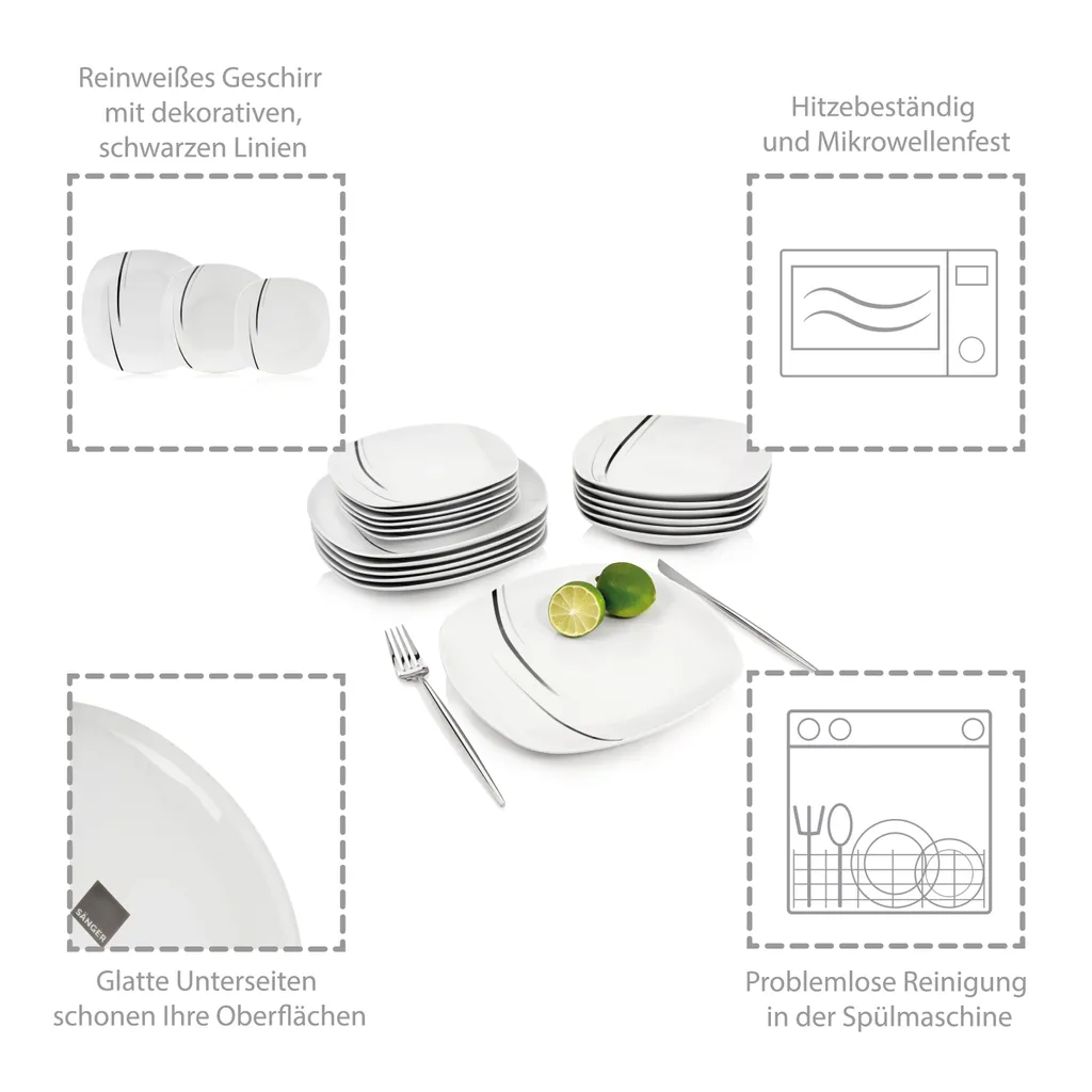 Sänger SÄNGER Porzellan Geschirrset Bilgola Black Lines, Tafelservice 18 Teilig Für 6 Personen 4 Sänger SÄNGER Porzellan Geschirrset Bilgola Black Lines, Tafelservice 18 Teilig Für 6 Personen – Bild 2