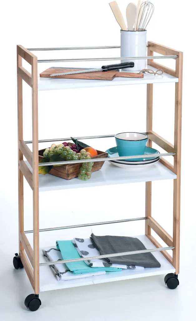 Küchentrolley Aus Bambus - 3 Weiße Ablagen - 51x30x80cm 4 Küchentrolley Aus Bambus - 3 Weiße Ablagen - 51x30x80cm – Bild 2