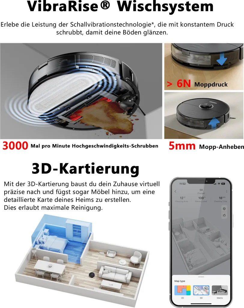 Roborock S8 Staubsauger Roboter 6000Pa Mit DuoRoller-Bürste VibraRise Wischen 3D-Mapping 3D-Strukturiertes Licht LiDAR Kindersicherung APP Control Saugroboter (Schwarz) (Upgrade S7) 6 Roborock S8 Staubsauger Roboter 6000Pa Mit DuoRoller-Bürste VibraRise Wischen 3D-Mapping 3D-Strukturiertes Licht LiDAR Kindersicherung APP Control Saugroboter (Schwarz) (Upgrade S7) – Bild 4