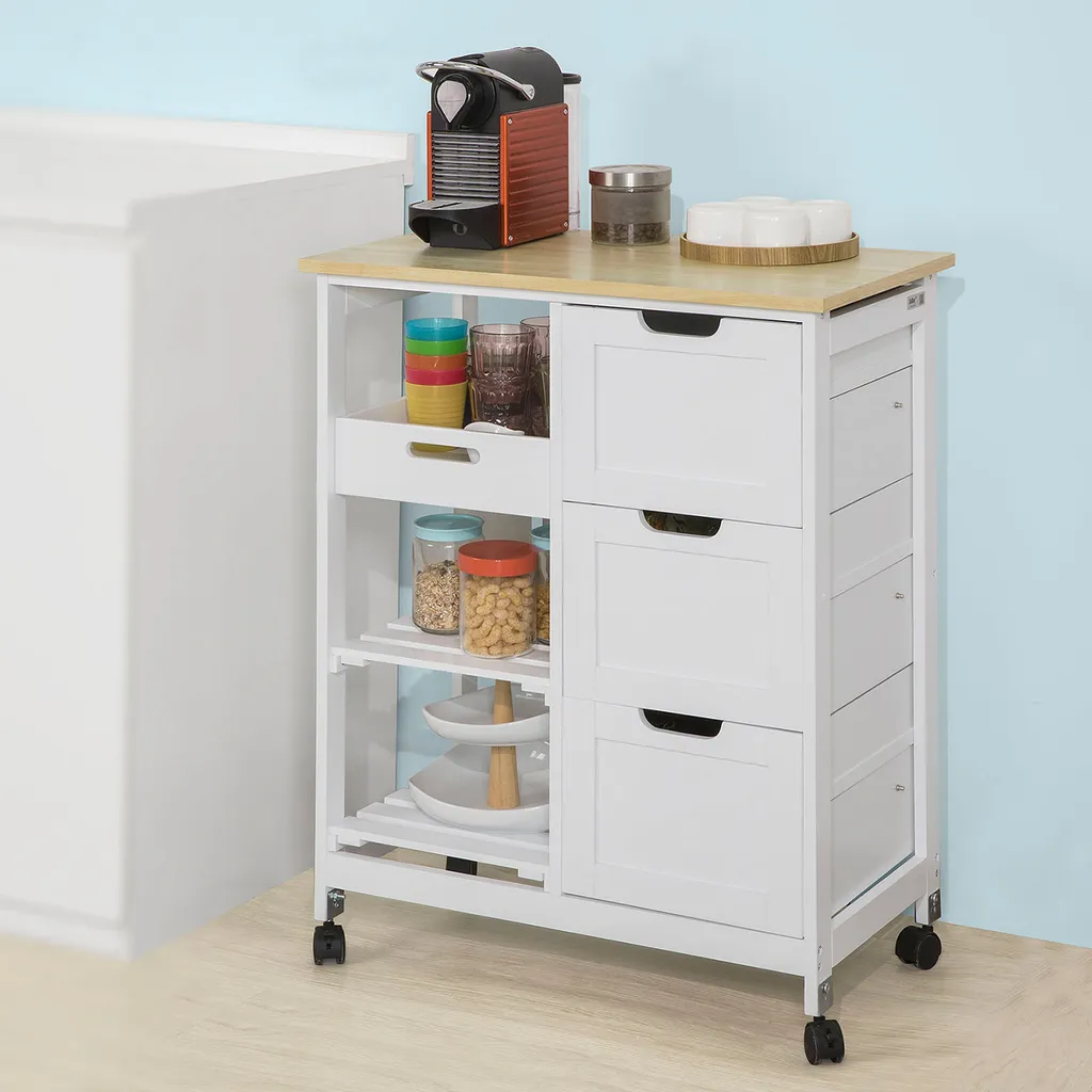 SoBuy FKW79-W Küchenwagen Servierwagen Beistellwagen Rollwagen Mit 3 Schubladen Und 3 Ablagen Weiß BHT Ca.: 68x85x38cm 4 SoBuy FKW79-W Küchenwagen Servierwagen Beistellwagen Rollwagen Mit 3 Schubladen Und 3 Ablagen Weiß BHT Ca.: 68x85x38cm – Bild 2