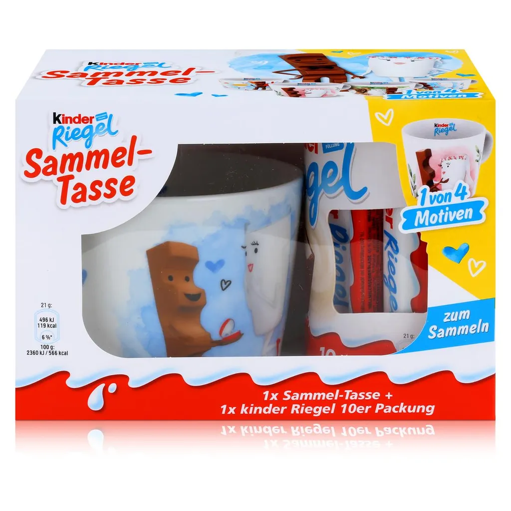 Ferrero Kinder Sammel-Tasse Blau "She Said Yes!" & 10 Kinder Riegel 3 Ferrero Kinder Sammel-Tasse Blau "She Said Yes!" & 10 Kinder Riegel