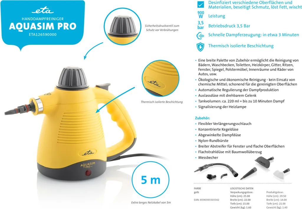 ETA AQUASIM PRO Handdampfreiniger ETA126590000, L 900 W, Betriebsdruck 3,5 Bar, Dampf In Bis Zu 3 Minuten, Wassertankvolumen 250 Ml, Kabellänge 5 M 18 ETA AQUASIM PRO Handdampfreiniger ETA126590000, L 900 W, Betriebsdruck 3,5 Bar, Dampf In Bis Zu 3 Minuten, Wassertankvolumen 250 Ml, Kabellänge 5 M – Bild 16