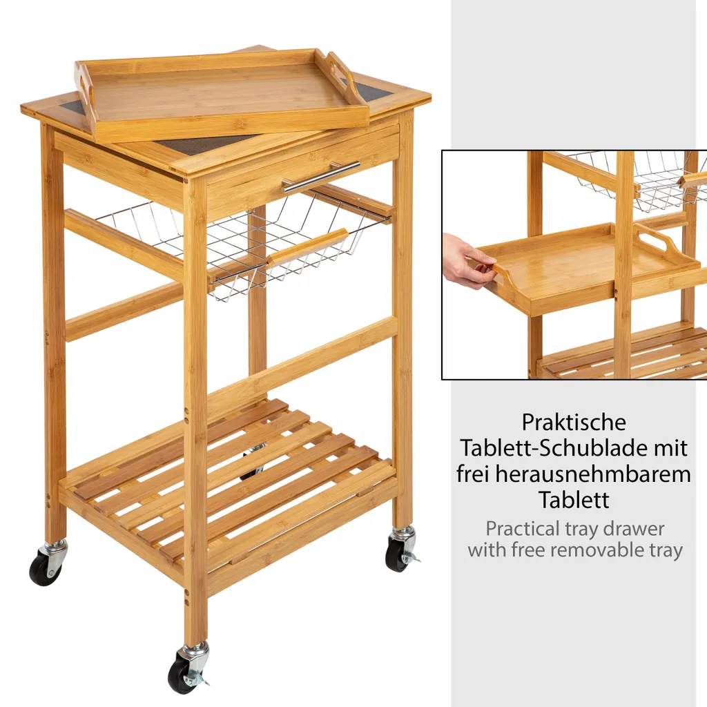 ONVAYA Küchenwagen Kyoto Auf Rollen, Küchenrollwagen Aus Bambus Mit Arbeitsplatte Schwarz Aus Stein, Praktischer Beistellwagen Für Die Küche Inkl. Schubladen 5 ONVAYA Küchenwagen Kyoto Auf Rollen, Küchenrollwagen Aus Bambus Mit Arbeitsplatte Schwarz Aus Stein, Praktischer Beistellwagen Für Die Küche Inkl. Schubladen – Bild 4