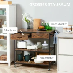 HOMCOM Küchenwagen Auf Rollen, Servierwagen Mit 2 Schubladen Und 2 Regalen, Küchentrolley Mit Arbeitsplatte, Rollwagen, Beistellwagen Im Industriedesign, Braun+Schwarz, 100 X 50 X 93 Cm 13 HOMCOM Küchenwagen Auf Rollen, Servierwagen Mit 2 Schubladen Und 2 Regalen, Küchentrolley Mit Arbeitsplatte, Rollwagen, Beistellwagen Im Industriedesign, Braun+Schwarz, 100 X 50 X 93 Cm -Küchenbedarf Laden 353a38f51a183a76200593d4362187f6