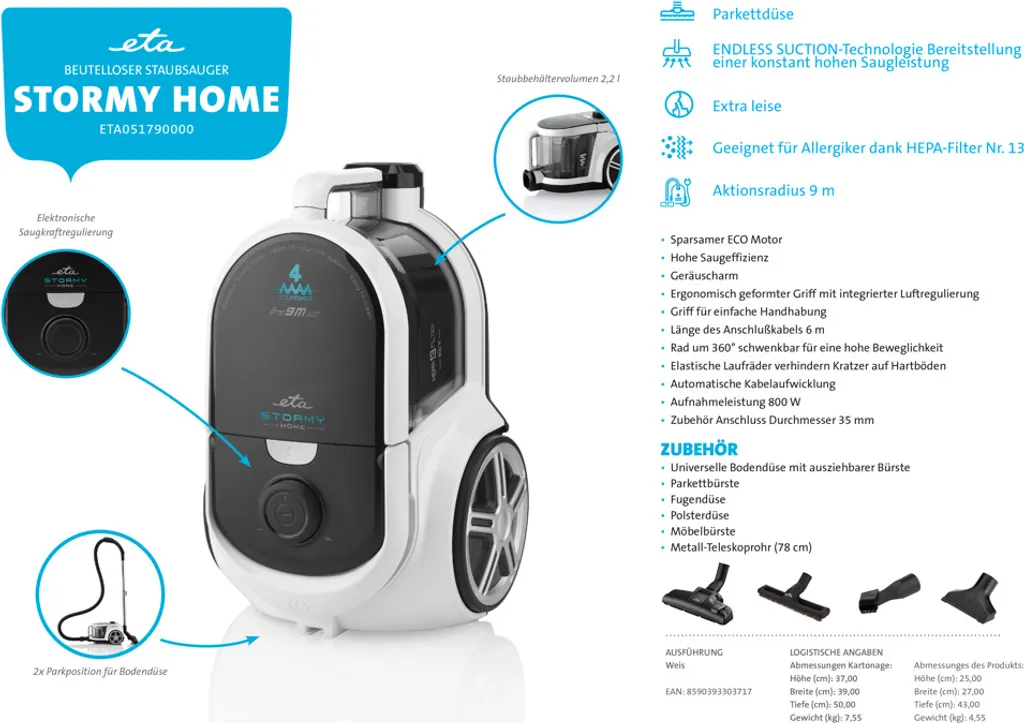 ETA STORMY HOME Beutelloser Staubsauger ETA051790000, 800W, HEPA Filtr, ECO Motor, Endless Suction, 360° Schwenkbares Rad 18 ETA STORMY HOME Beutelloser Staubsauger ETA051790000, 800W, HEPA Filtr, ECO Motor, Endless Suction, 360° Schwenkbares Rad – Bild 16