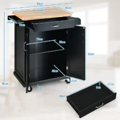 COSTWAY Küchenwagen Auf Rollen, Servierwagen Mit Arbeitsplatte & Handtuchhalter & Schublade & Gewürzregal, Kücheninsel Holz, Küchenschrank Rollbar, Für Küche, Esszimmer Und Bar (Schwarz) -Küchenbedarf Laden 37109681fe3637020ef3b78082dfa225