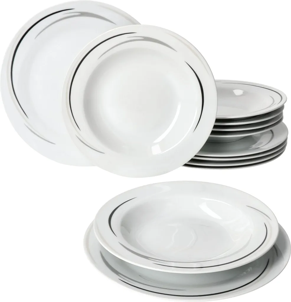 12tlg Tafel-Service Home Suppenteller Speiseteller Streifen Porzellan-Geschirr 4 12tlg Tafel-Service Home Suppenteller Speiseteller Streifen Porzellan-Geschirr – Bild 2