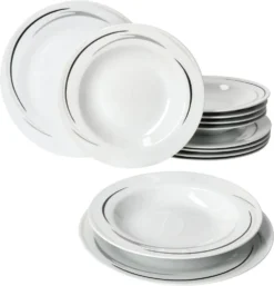 Mambo-Cat Kaffee-Tasse Porzellan-Becher Geschirr-Set Schüssel Bowl-Schale Tafel-Zubehör Suppen-Schälchen Speise-Teller Käse-Wurst Ess-Platte Frühstücks-Buffet Brunch Kuchen-Dessert Home Streifen-Grau Schwarz-Creme Kombi-Service Sechs-Personen -Küchenbedarf Laden 3d4d45593f3714bde53bf44580a7525a