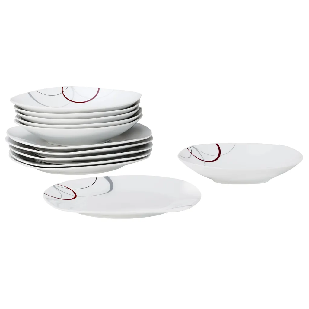 Tafelservice Palazzo 12tlg. - Weiß MitNachbildung-Kreisen In Grau Und Dunkelrot - Für 6 Personen 3 Tafelservice Palazzo 12tlg. - Weiß MitNachbildung-Kreisen In Grau Und Dunkelrot - Für 6 Personen