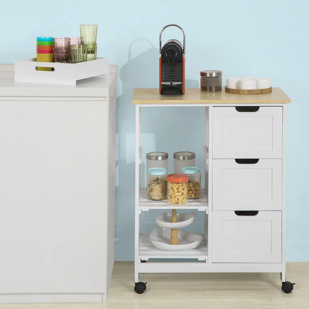 SoBuy FKW79-W Küchenwagen Servierwagen Beistellwagen Rollwagen Mit 3 Schubladen Und 3 Ablagen Weiß BHT Ca.: 68x85x38cm 5 SoBuy FKW79-W Küchenwagen Servierwagen Beistellwagen Rollwagen Mit 3 Schubladen Und 3 Ablagen Weiß BHT Ca.: 68x85x38cm – Bild 3