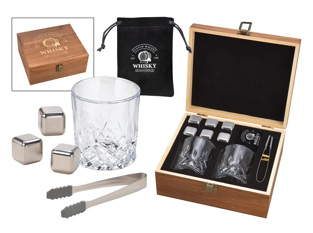 Whisky Geschenk-Set Mit 2 Gläsern, Eiswürfeln Aus Edelstahl, Zange, Samtbeutel In Einer Schönen Holzbox 3 Whisky Geschenk-Set Mit 2 Gläsern, Eiswürfeln Aus Edelstahl, Zange, Samtbeutel In Einer Schönen Holzbox