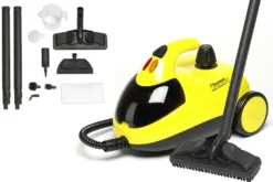 Bestron Dampfreiniger Mit 12-Teiligen Zubehör-Set, Inkl. Kindersicherung & 10m Aktionsradius, 4 Bar Dampfdruck, Kapazität: 1,5 L, Ideal Für Bäder Und Küchen, 1500 Watt, Farbe: Gelb