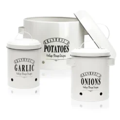 Klarstein Granrosi Georgia Vorratsbehälter Vorratstopf 3er-Set , Knoblauchtopf, Zwiebeltopf, Kartoffeltopf , Emaille-Stahlblech , Rostfrei , Lüftungsöffnungen , Vintage-Design , Creme -Küchenbedarf Laden 520a6bd88b56bc2eb3d3dea589fddd2a