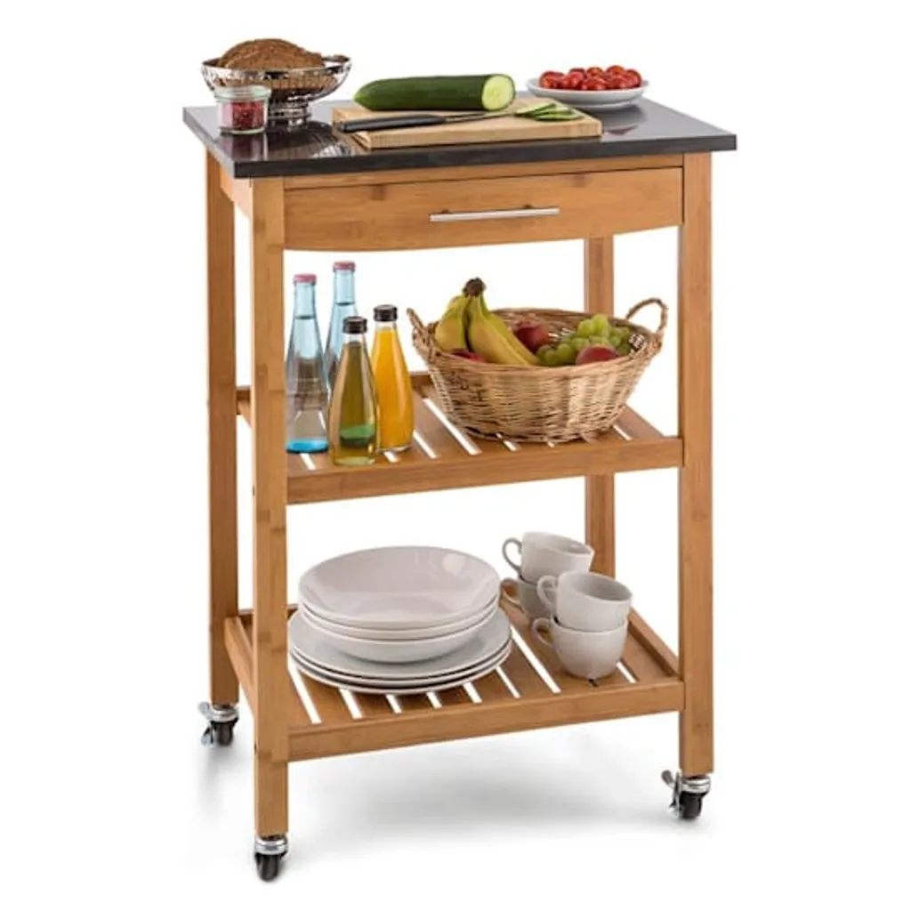 Klarstein Tennessee Servierwagen - Küchenwagen , Rollwagen , 3 Etagen , 2 Ablageflächen , Herausnehmbare Schublade , Schwarze Granitarbeitsfläche , Sichere Feststellbremsen , Bambusholz , Braun 3 Klarstein Tennessee Servierwagen - Küchenwagen , Rollwagen , 3 Etagen , 2 Ablageflächen , Herausnehmbare Schublade , Schwarze Granitarbeitsfläche , Sichere Feststellbremsen , Bambusholz , Braun