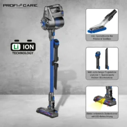 ProfiCare 2in1 Hand-und Bodenstaubsauger PC-BA 3036 A, Leistungsstarker 22,2 V Lithium Ionen Akku, HEPA-Filter, Spezialbürste Für Polster U. Textilien, Inkl. Wandhalterung, Anthrazit-blau -Küchenbedarf Laden 65644b3a0f9c4388827fd59944a92c17