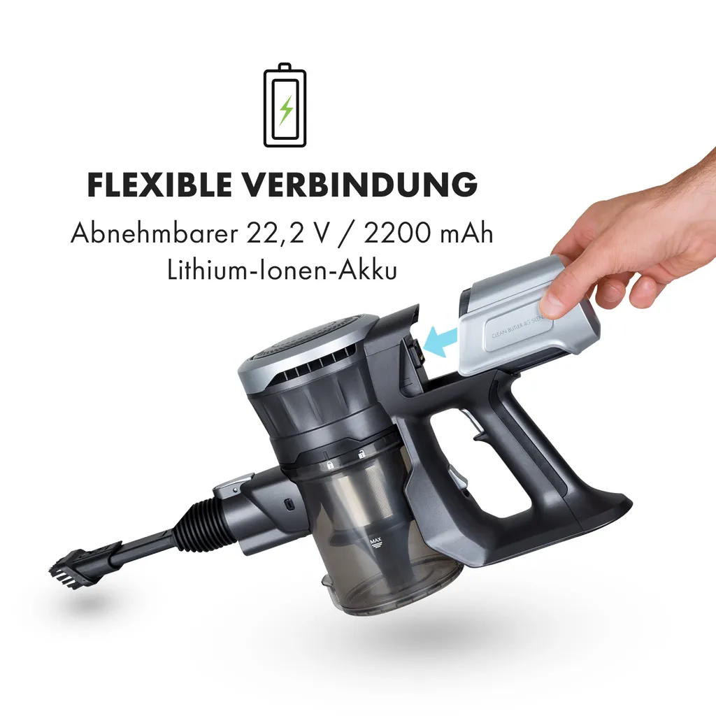 Klarstein Clean Butler 4G Silent Akku-Staubsauger Mit Silent Digital Motor: 160W Mit 80.000 U/min, 0,8 L Behälter, Motorisierte Teppich-Bodendüse, 2 Leistungsstufen, HEPA10-Filter, Anthrazit-silber 7 Klarstein Clean Butler 4G Silent Akku-Staubsauger Mit Silent Digital Motor: 160W Mit 80.000 U/min, 0,8 L Behälter, Motorisierte Teppich-Bodendüse, 2 Leistungsstufen, HEPA10-Filter, Anthrazit-silber – Bild 5