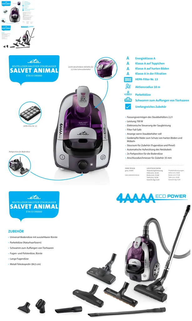 Bodenstaubsauger Ohne Beutel ETA Salvet Animal Artikel-Nr.: ETA151390000 Beutelloser Staubsauger ETA Salvet Animal Mit Dem ECO Motor, Extrem Wirksame Filtrierung Und Reiches Zubehör. 11 Bodenstaubsauger Ohne Beutel ETA Salvet Animal Artikel-Nr.: ETA151390000 Beutelloser Staubsauger ETA Salvet Animal Mit Dem ECO Motor, Extrem Wirksame Filtrierung Und Reiches Zubehör. – Bild 9