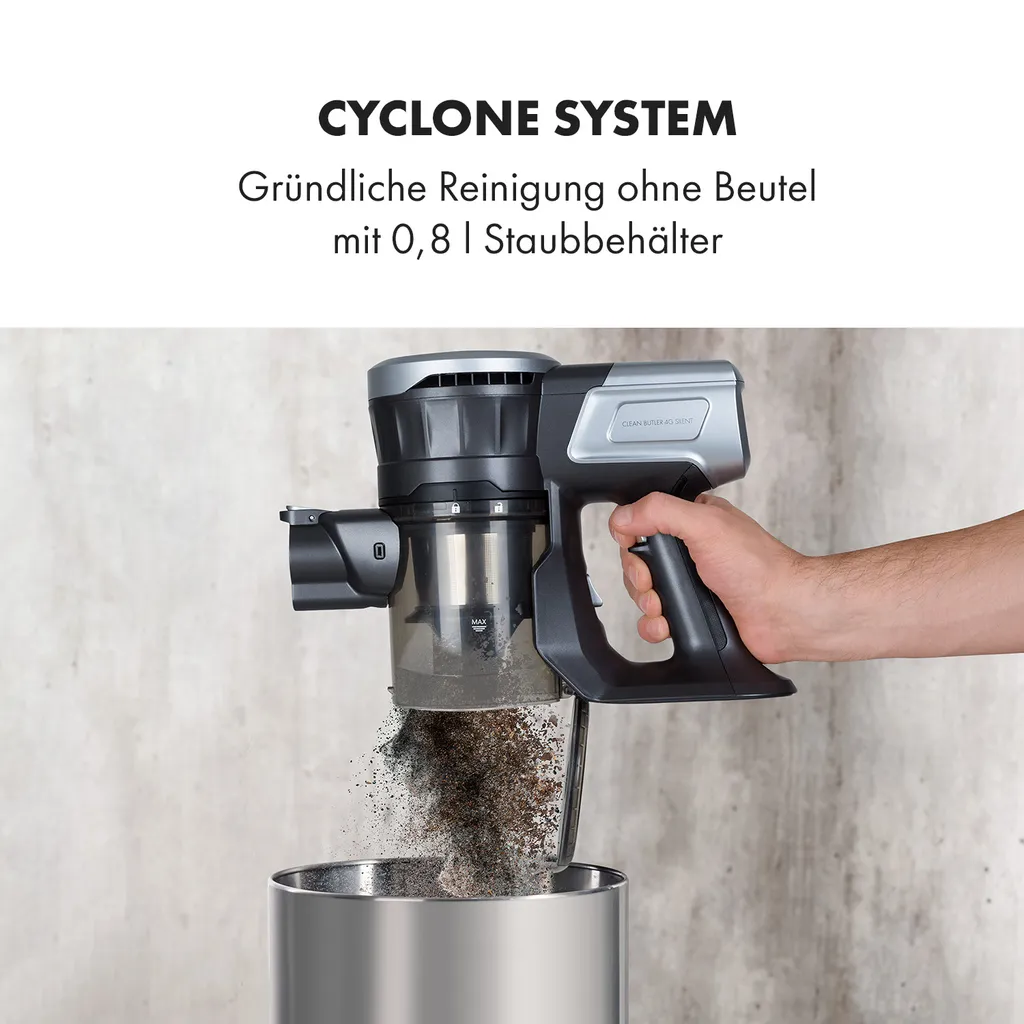 Klarstein Clean Butler 4G Silent Akku-Staubsauger Mit Silent Digital Motor: 160W Mit 80.000 U/min, 0,8 L Behälter, Motorisierte Teppich-Bodendüse, 2 Leistungsstufen, HEPA10-Filter, Anthrazit-silber 10 Klarstein Clean Butler 4G Silent Akku-Staubsauger Mit Silent Digital Motor: 160W Mit 80.000 U/min, 0,8 L Behälter, Motorisierte Teppich-Bodendüse, 2 Leistungsstufen, HEPA10-Filter, Anthrazit-silber – Bild 8