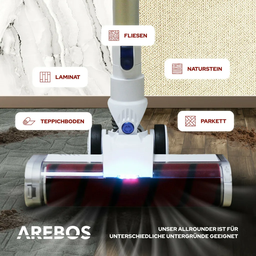 AREBOS Akku Staubsauger, 2-in-1 Hand- Und Bodenstaubsauger, 2 Leistungsstarke Saugmodi, Beutellos, Kabellos Bis Zu 55 Minuten, Mit Wandladestation, Weiß 5 AREBOS Akku Staubsauger, 2-in-1 Hand- Und Bodenstaubsauger, 2 Leistungsstarke Saugmodi, Beutellos, Kabellos Bis Zu 55 Minuten, Mit Wandladestation, Weiß – Bild 3