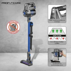 ProfiCare 2in1 Hand-und Bodenstaubsauger PC-BA 3036 A, Leistungsstarker 22,2 V Lithium Ionen Akku, HEPA-Filter, Spezialbürste Für Polster U. Textilien, Inkl. Wandhalterung, Anthrazit-blau -Küchenbedarf Laden 77449ae41c533a28d2b10e72930e7863