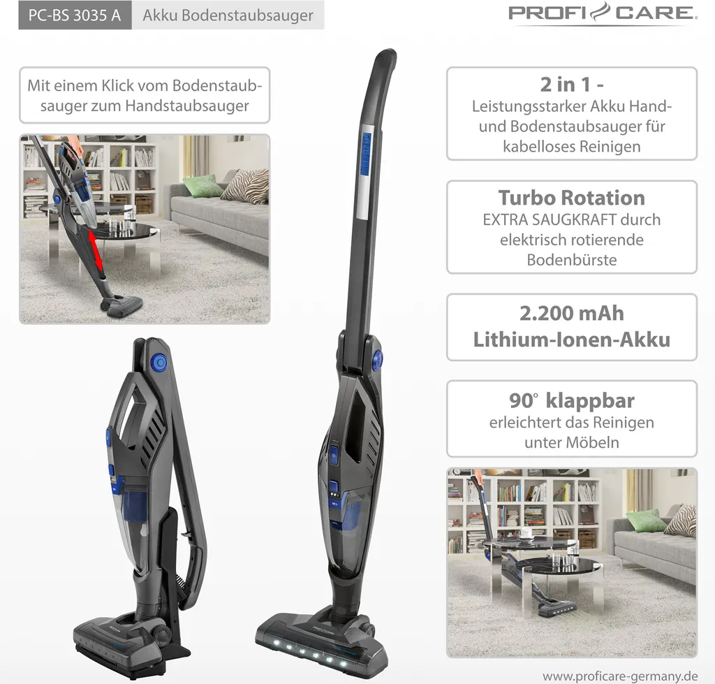 ProfiCare 2 In 1 Hand-und Bodenstaubsauger PC-BS 3035 A, Praktische Ladestation Inkl. Zubehörhalterung, Leistungsstarker 14,8 V Lithium Ionen Akku, Turbo Rotation, HEPA-Filter, Anthrazit-blau 11 ProfiCare 2 In 1 Hand-und Bodenstaubsauger PC-BS 3035 A, Praktische Ladestation Inkl. Zubehörhalterung, Leistungsstarker 14,8 V Lithium Ionen Akku, Turbo Rotation, HEPA-Filter, Anthrazit-blau – Bild 9