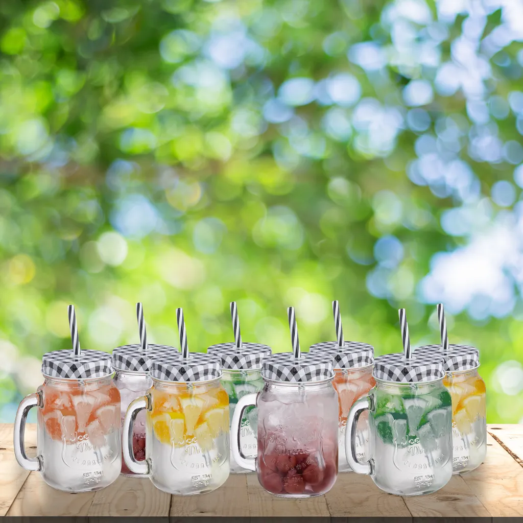 Relaxdays 8er Set Trinkgläser Mit Deckel Kariert 4 Relaxdays 8er Set Trinkgläser Mit Deckel Kariert – Bild 2