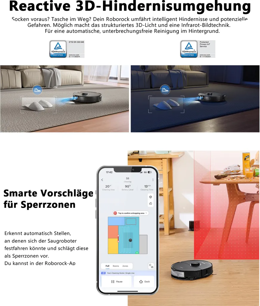 Roborock S8 Staubsauger Roboter 6000Pa Mit DuoRoller-Bürste VibraRise Wischen 3D-Mapping 3D-Strukturiertes Licht LiDAR Kindersicherung APP Control Saugroboter (Schwarz) (Upgrade S7) 7 Roborock S8 Staubsauger Roboter 6000Pa Mit DuoRoller-Bürste VibraRise Wischen 3D-Mapping 3D-Strukturiertes Licht LiDAR Kindersicherung APP Control Saugroboter (Schwarz) (Upgrade S7) – Bild 5