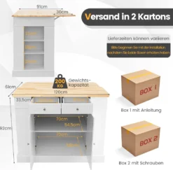 COSTWAY Kücheninsel Aus Gummiholz, Küchenschrank Klappbar Mit Ausziehbarer Arbeitsplatte, Küchenschrank Mit Schubladen, Seitenregalen, 2-türigem Schrank, 3-stufig Verstellbaren Böden -Küchenbedarf Laden 8312baeb46863bc6d5fd8e176c5ed225