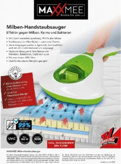 MAXXMEE Milben-Handstaubsauger Mit UV-C Licht - 300 W - Weiß/limegreen Milben Sauger UV Licht Handstaubsauger Entferner Allergiker Handsauger MAXXMEE -Küchenbedarf Laden 882dab6fd42bda9ee105d564c1330929