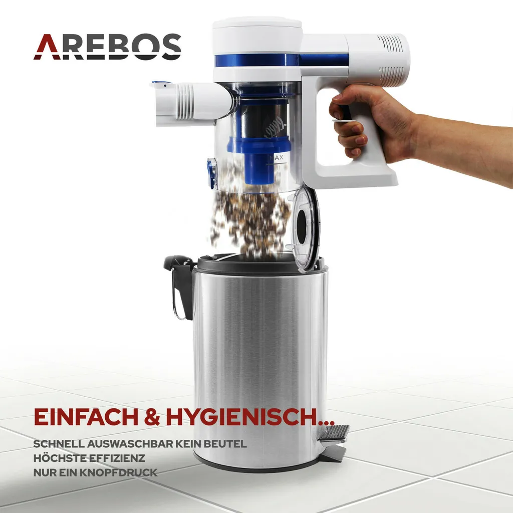 AREBOS Akku Staubsauger, 2-in-1 Hand- Und Bodenstaubsauger, 2 Leistungsstarke Saugmodi, Beutellos, Kabellos Bis Zu 55 Minuten, Mit Wandladestation, Weiß 7 AREBOS Akku Staubsauger, 2-in-1 Hand- Und Bodenstaubsauger, 2 Leistungsstarke Saugmodi, Beutellos, Kabellos Bis Zu 55 Minuten, Mit Wandladestation, Weiß – Bild 5