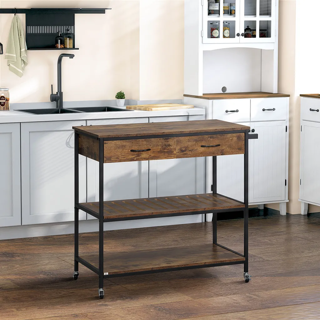 HOMCOM Küchenwagen Auf Rollen, Servierwagen Mit 2 Schubladen Und 2 Regalen, Küchentrolley Mit Arbeitsplatte, Rollwagen, Beistellwagen Im Industriedesign, Braun+Schwarz, 100 X 50 X 93 Cm 4 HOMCOM Küchenwagen Auf Rollen, Servierwagen Mit 2 Schubladen Und 2 Regalen, Küchentrolley Mit Arbeitsplatte, Rollwagen, Beistellwagen Im Industriedesign, Braun+Schwarz, 100 X 50 X 93 Cm – Bild 2