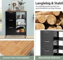 COSTWAY Küchenwagen Mit Tablett, Regalen Und 3 Großen Schubladen, Küchenschrank Rollbar, Kücheninsel Aus Kautschukholz, Servierwagen 67 X 37 X 82,5 Cm (Schwarz) 12 COSTWAY Küchenwagen Mit Tablett, Regalen Und 3 Großen Schubladen, Küchenschrank Rollbar, Kücheninsel Aus Kautschukholz, Servierwagen 67 X 37 X 82,5 Cm (Schwarz) -Küchenbedarf Laden 99c24d04f9c160347cc32638ed8d003c