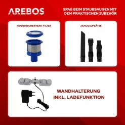 AREBOS Akku Staubsauger, 2-in-1 Hand- Und Bodenstaubsauger, 2 Leistungsstarke Saugmodi, Beutellos, Kabellos Bis Zu 55 Minuten, Mit Wandladestation, Weiß 19 AREBOS Akku Staubsauger, 2-in-1 Hand- Und Bodenstaubsauger, 2 Leistungsstarke Saugmodi, Beutellos, Kabellos Bis Zu 55 Minuten, Mit Wandladestation, Weiß -Küchenbedarf Laden 9a9529cfcec03bfac4f33585a8c94dcf