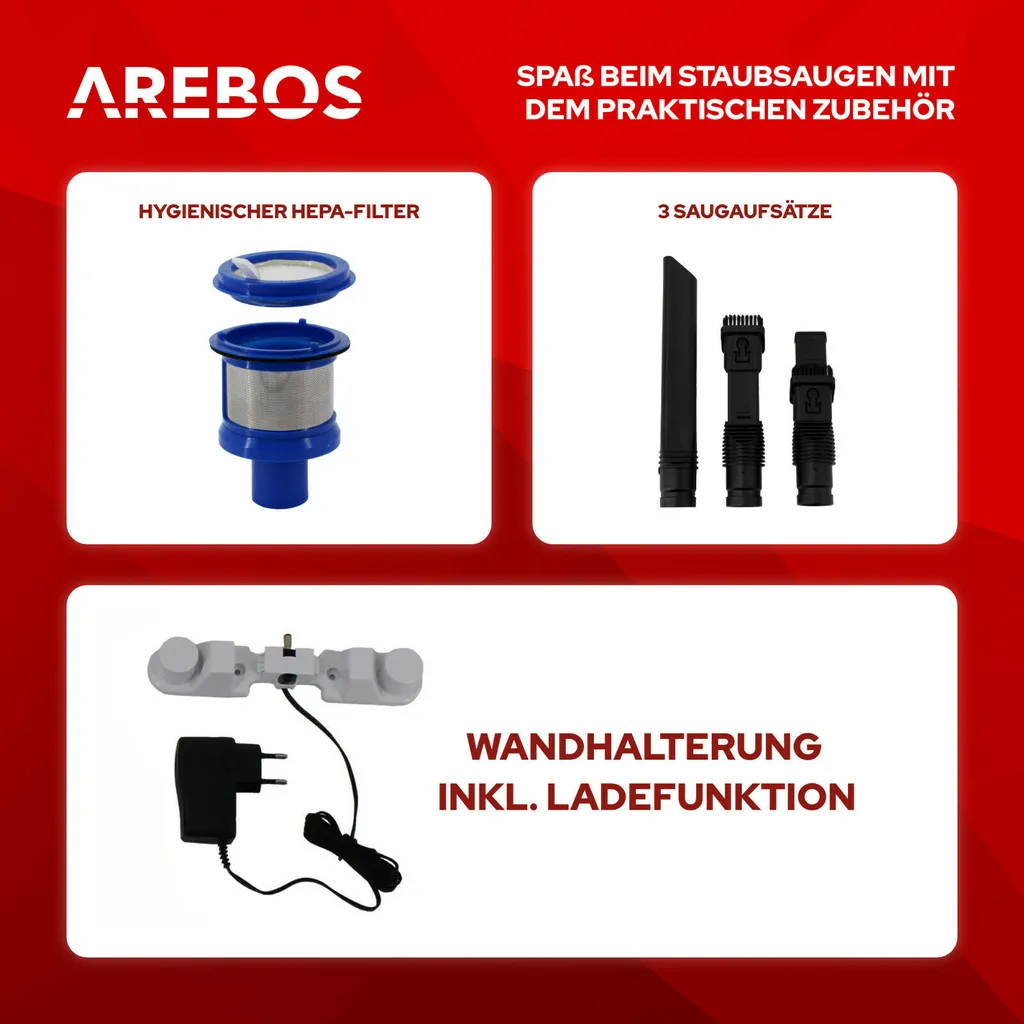 AREBOS Akku Staubsauger, 2-in-1 Hand- Und Bodenstaubsauger, 2 Leistungsstarke Saugmodi, Beutellos, Kabellos Bis Zu 55 Minuten, Mit Wandladestation, Weiß 9 AREBOS Akku Staubsauger, 2-in-1 Hand- Und Bodenstaubsauger, 2 Leistungsstarke Saugmodi, Beutellos, Kabellos Bis Zu 55 Minuten, Mit Wandladestation, Weiß – Bild 7