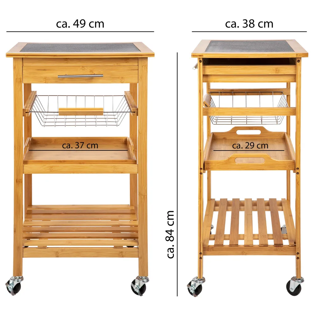 ONVAYA Küchenwagen Kyoto Auf Rollen, Küchenrollwagen Aus Bambus Mit Arbeitsplatte Schwarz Aus Stein, Praktischer Beistellwagen Für Die Küche Inkl. Schubladen 3 ONVAYA Küchenwagen Kyoto Auf Rollen, Küchenrollwagen Aus Bambus Mit Arbeitsplatte Schwarz Aus Stein, Praktischer Beistellwagen Für Die Küche Inkl. Schubladen – Bild 2