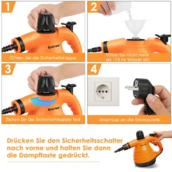 COSTWAY Dampfreiniger Inkl. 9 Zubehör, Handdampfreiniger, Dampfreinigen Handgerät 3 Bar / 250ml / 1050W / 4min Aufheizzeit/für Teppiche, Vorhänge, Autositze, Küche (Orange) -Küchenbedarf Laden ab6b72575a02a7bb3d09a5f17951ac61