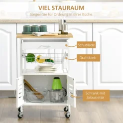 HOMCOM Küchenwagen Küchenrollwagen Servierwagen Mit Schublade Abnehmbares Tablett Bambus MDF Metall Weiß+Natur 58 X 37 X 83 Cm -Küchenbedarf Laden afa07526428493505bcbd59889fa636a