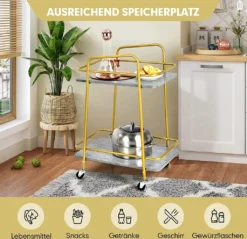 COSTWAY Küchenwagen Mit Universalrädern, Barwagen Rollwagen 2 Ablagen, Mobiler Servierwagen, Haushaltswagen Mit Stahlrahmen, Mehrzweckwagen Für Haus, Restaurant, Allzweckwagen Badwagen, Grau+Golden -Küchenbedarf Laden b477380898bdb03f35b3d98599084561