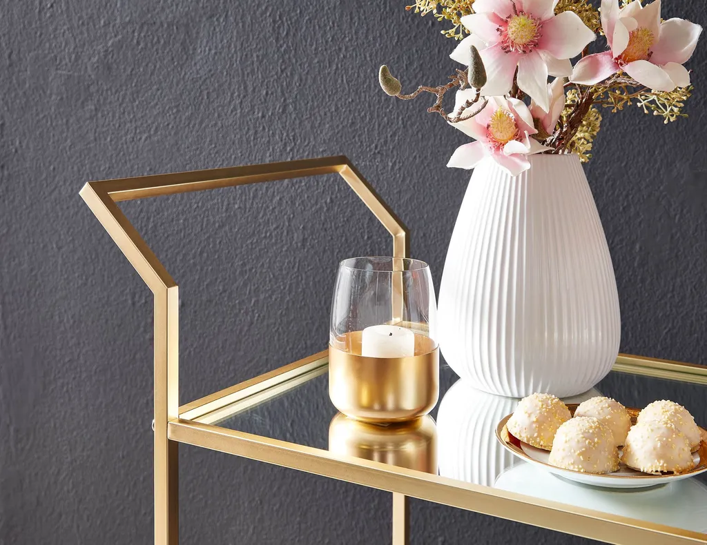 WOHNLING Design Servierwagen Gold 73x78x37 Cm Küchenwagen Glas / Metall | Mobiler Beistelltisch | Speisewagen Mit Glasplatte | Teewagen Mini Bar Auf 4 Rollen 7 WOHNLING Design Servierwagen Gold 73x78x37 Cm Küchenwagen Glas / Metall | Mobiler Beistelltisch | Speisewagen Mit Glasplatte | Teewagen Mini Bar Auf 4 Rollen – Bild 5