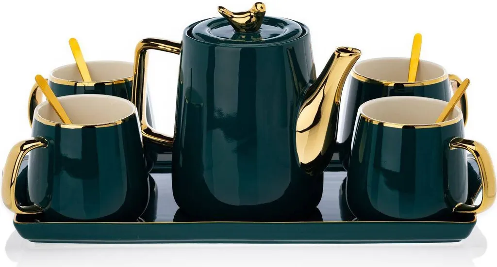 HowHomely Kaffeeservice Keramik 4 Personen - Teeservice 10-tlg. - Grün-Gold 3 HowHomely Kaffeeservice Keramik 4 Personen - Teeservice 10-tlg. - Grün-Gold