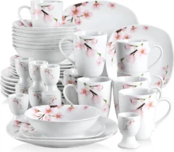 VEWEET Porzellan Kombiservice 'Annie', 40 Teilig Geschirrservice Für 8 Personen, Frühstückservice Mit Je 8 Eierbecher, Kaffeebecher 350 Ml, Müslischalen, Dessertteller Und Flachteller