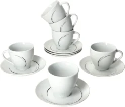 Van Well 18tlg. Kaffee-Service Home Für 6 Personen I 6x Tasse 180ml, 6x Untertasse + 6x Kuchenteller I Porzellan-Geschirr Mit Streifen In Grau, Schwarz & Creme I Kaffeepott, Dessert-Teller -Küchenbedarf Laden caf512b146906008b2f9a9747a800b61